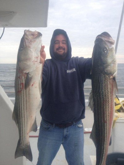 An angler on board the Gambler party boat from Point Pleasant Beach with two nice bass. (Photo: Gambler party boat.)