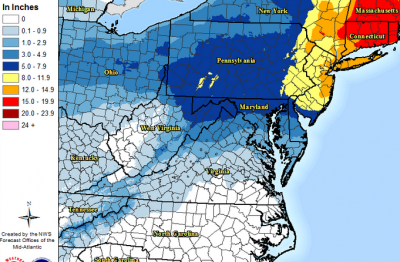 Snow total predictions, from the National Weather Service. (Click to Enlarge)
