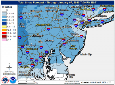 Forecast snowfall for the Jan. 6 snowfall. (Credit: NWS)