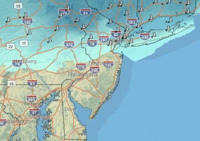 Snowfall predictions for New Jersey, Feb. 9, 2015. (Credit: NWS) Click to Enlarge.