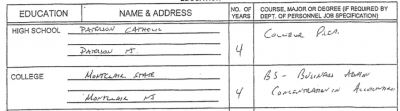 A portion of a job application showing former Brick Assistant Business Administrator Juan Bellu listed a college degree.