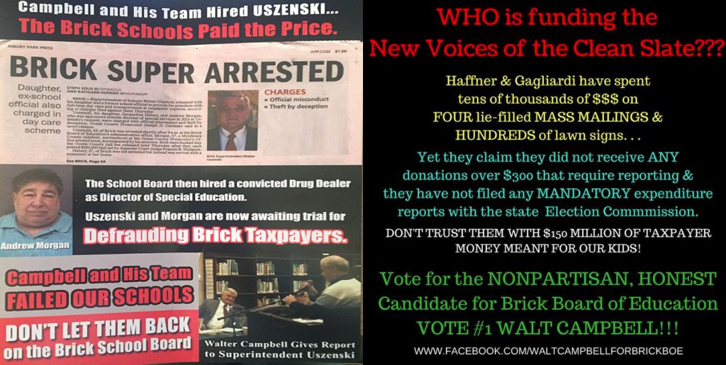 Advertisements released by two competing tickets for Brick school board in 2016. (File Photos)