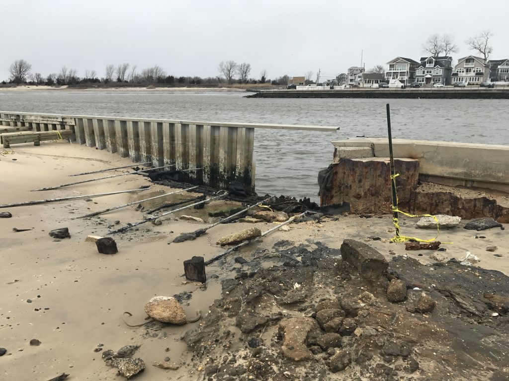 A hole in the bulkhead on the Point Pleasant side of Manasquan Inlet. (Photo: Daniel Nee)