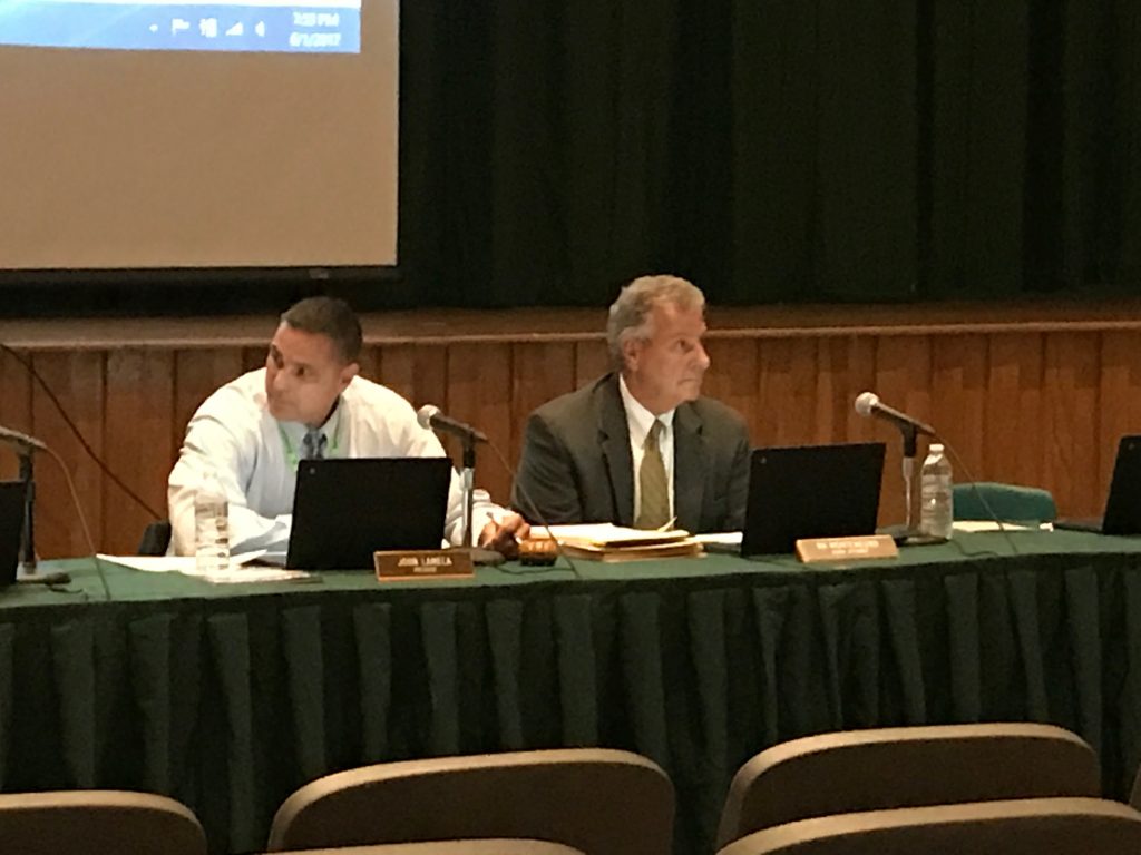 Brick Board of Education President John Lamela (left) and board attorney Nicholas Montenegro. (Photo: Daniel Nee)