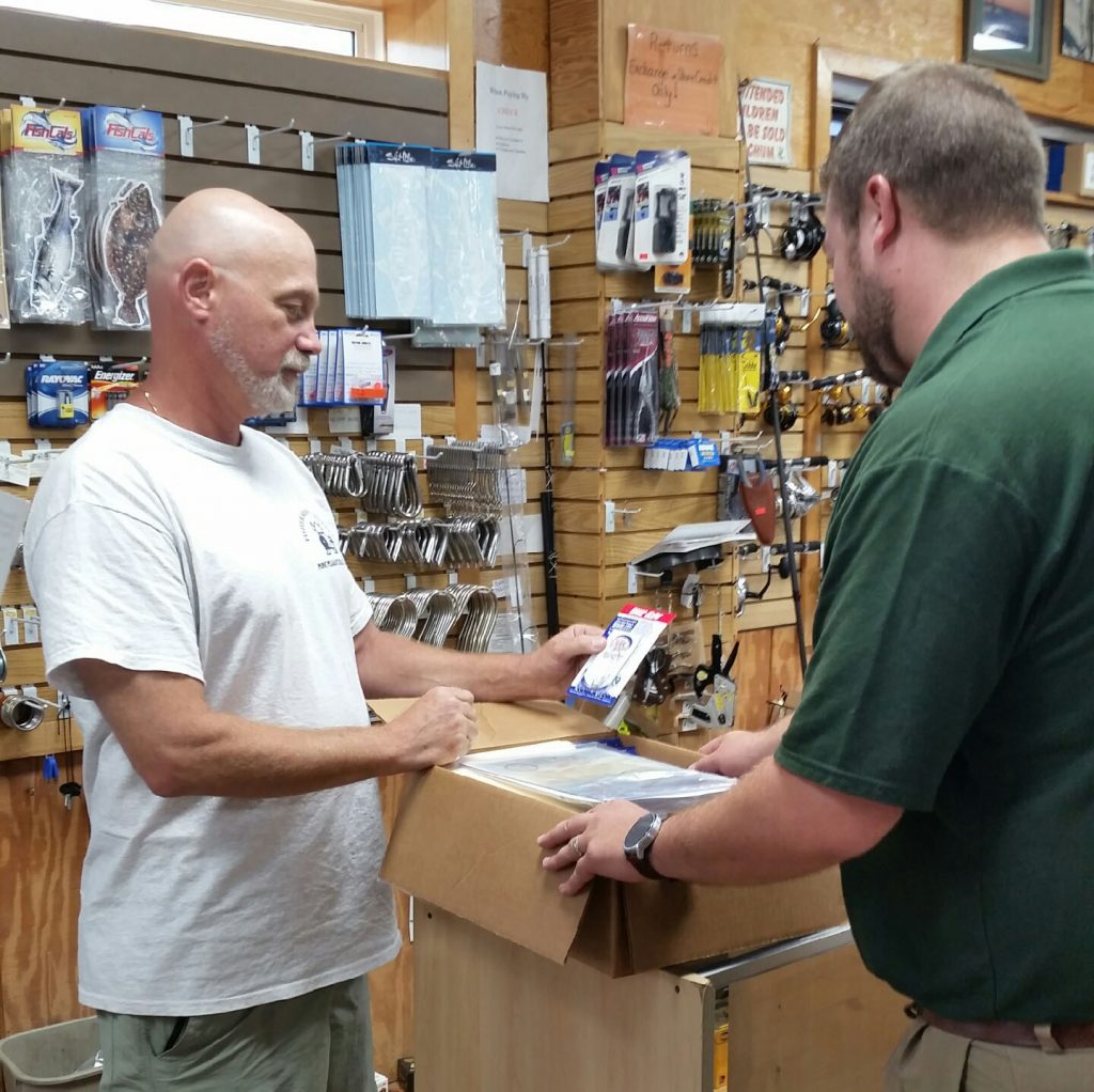 NJDEP staff deliver flounder hooks to Fisherman's Supply in Point Pleasant Beach. (Photo: Daniel Nee)