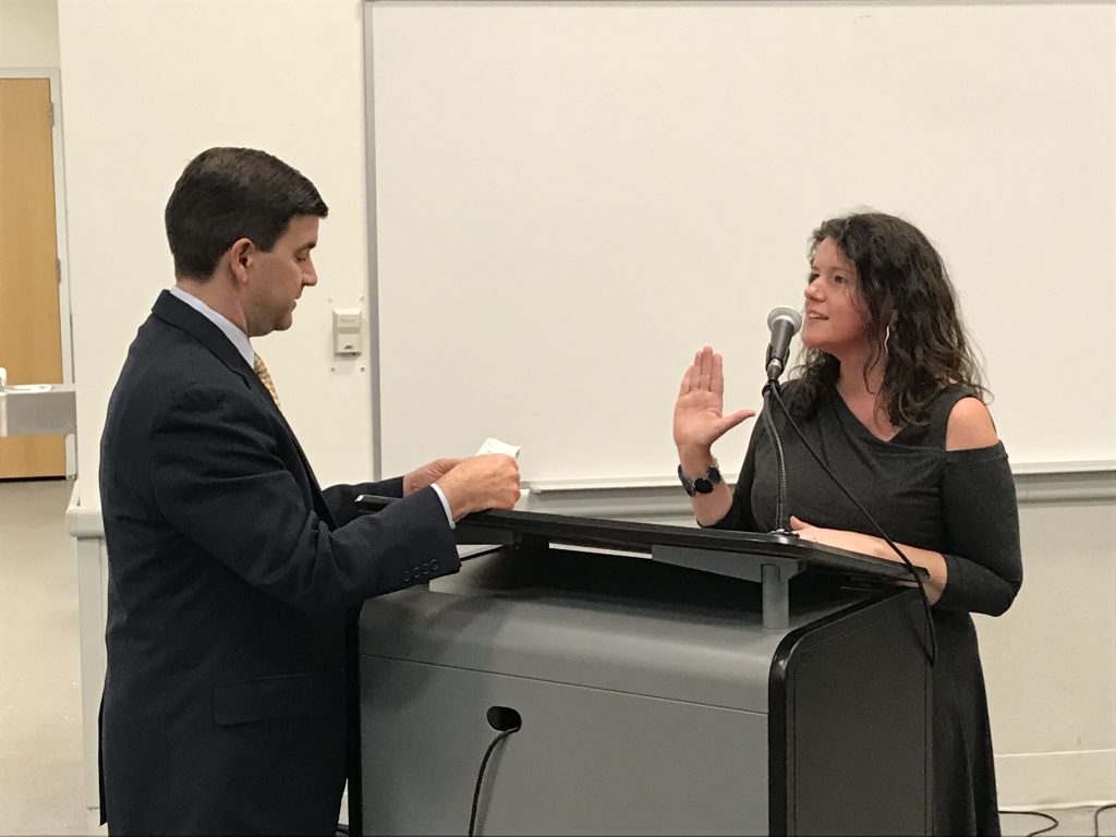 Jessica Clayton is sworn into office as a Brick school board member. (Photo: Daniel Nee)
