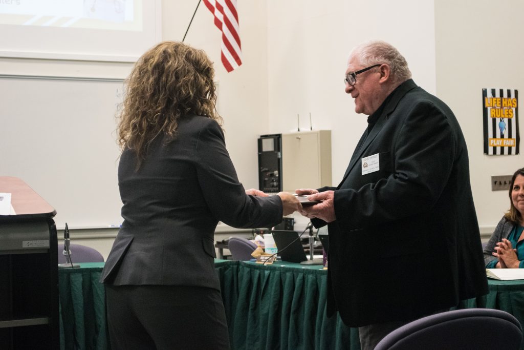 Members of Knights of Columbus Council 8160 receive an honor from the Brick Twp. Board of Education, Oct. 2019. (Photo: Daniel Nee)