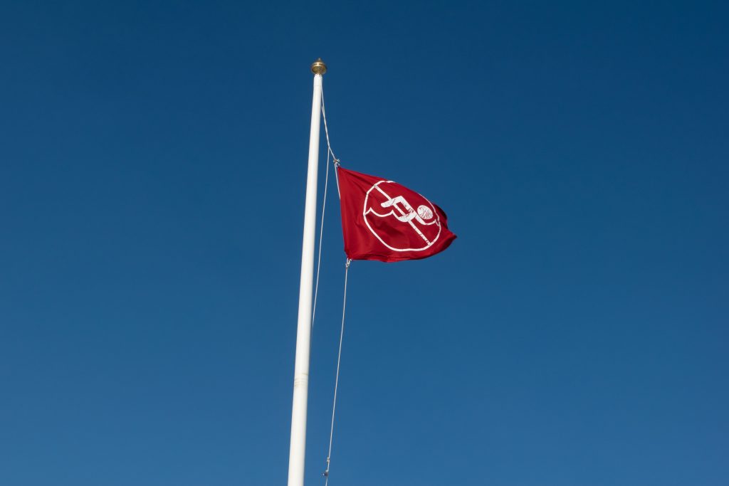 A 'no swimming' flag posted at Brick Beach, Sept. 2021. (Photo: Daniel Nee)