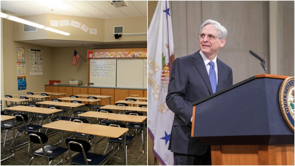 A classroom (Credit: xMizLitx/ Flickr) and U.S. Attorney General Merrick Garland (Credit: USDOJ).