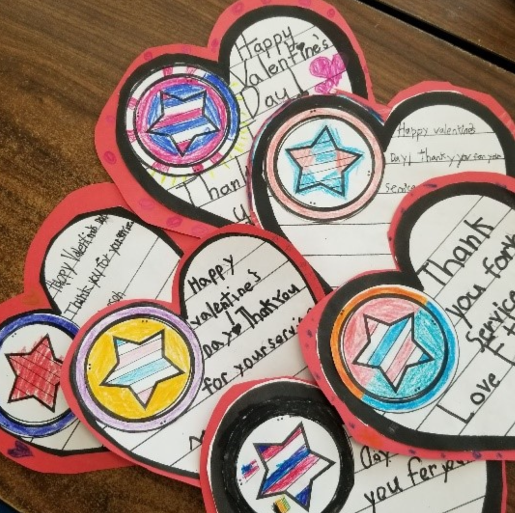 Students at Veterans Memorial Elementary School in Brick make Valentine's Day cards for veterans. (Credit: Brick Twp. Schools)
