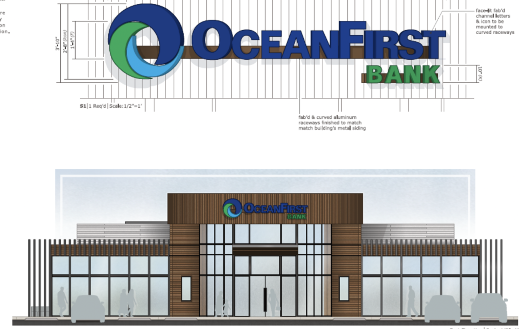 Plans and renderings for a new commercial complex in Brick Township, anchored by OceanFirst Bank. (Planning Document)