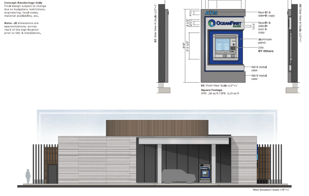 Plans and renderings for a new commercial complex in Brick Township, anchored by OceanFirst Bank. (Planning Document)