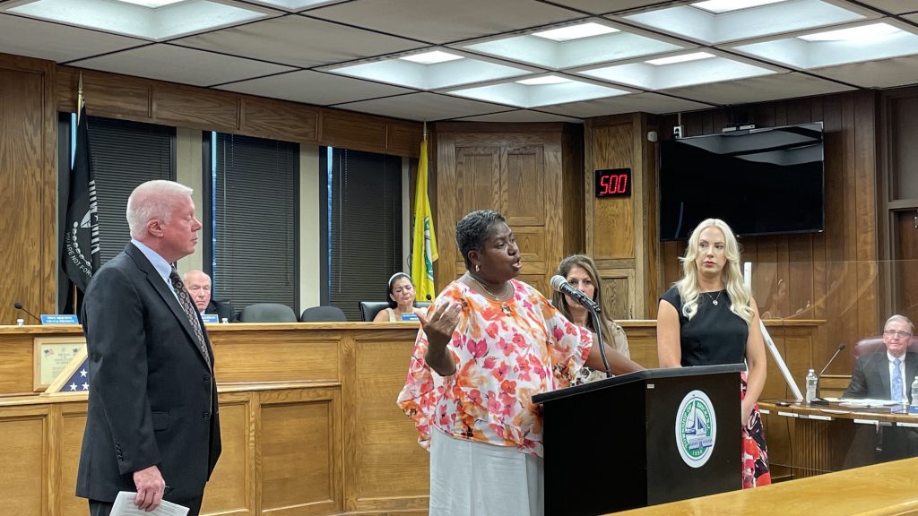 A grant recipient addresses the Brick Township council, July 2022. (Photo: Daniel Nee)