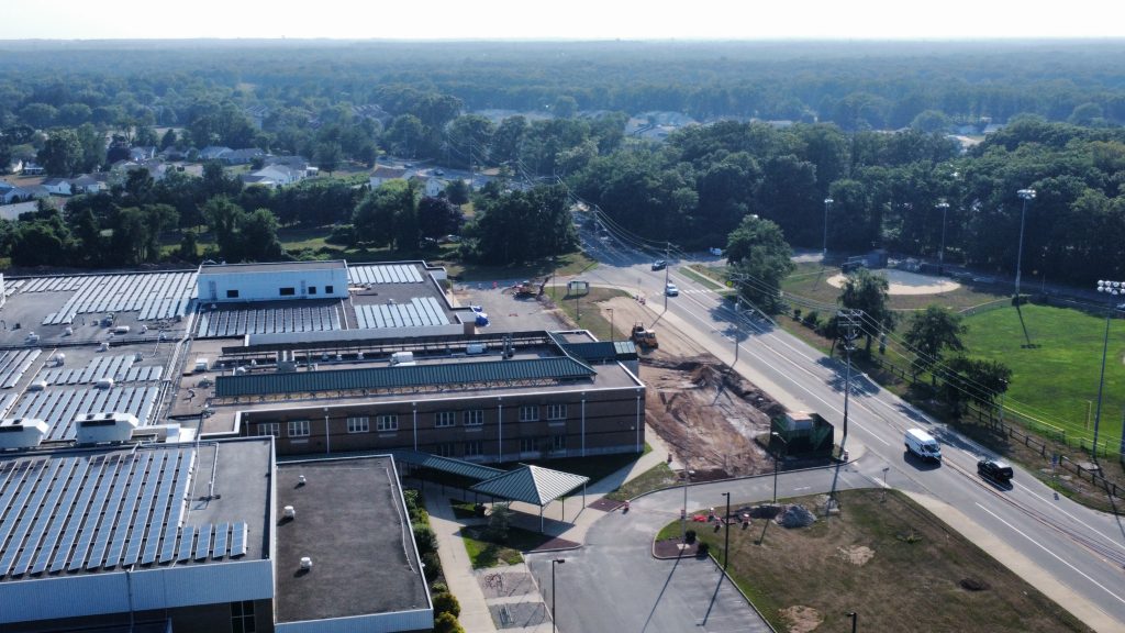 Parking lot improvements underway at Brick Memorial High School, July 2023. (Photo: Shorebeat)